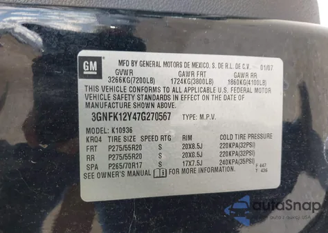 2007 Chevrolet Avalanche 1500 Ltz z USA, uszkodzony, nr VIN 3GNFK12Y47G270567